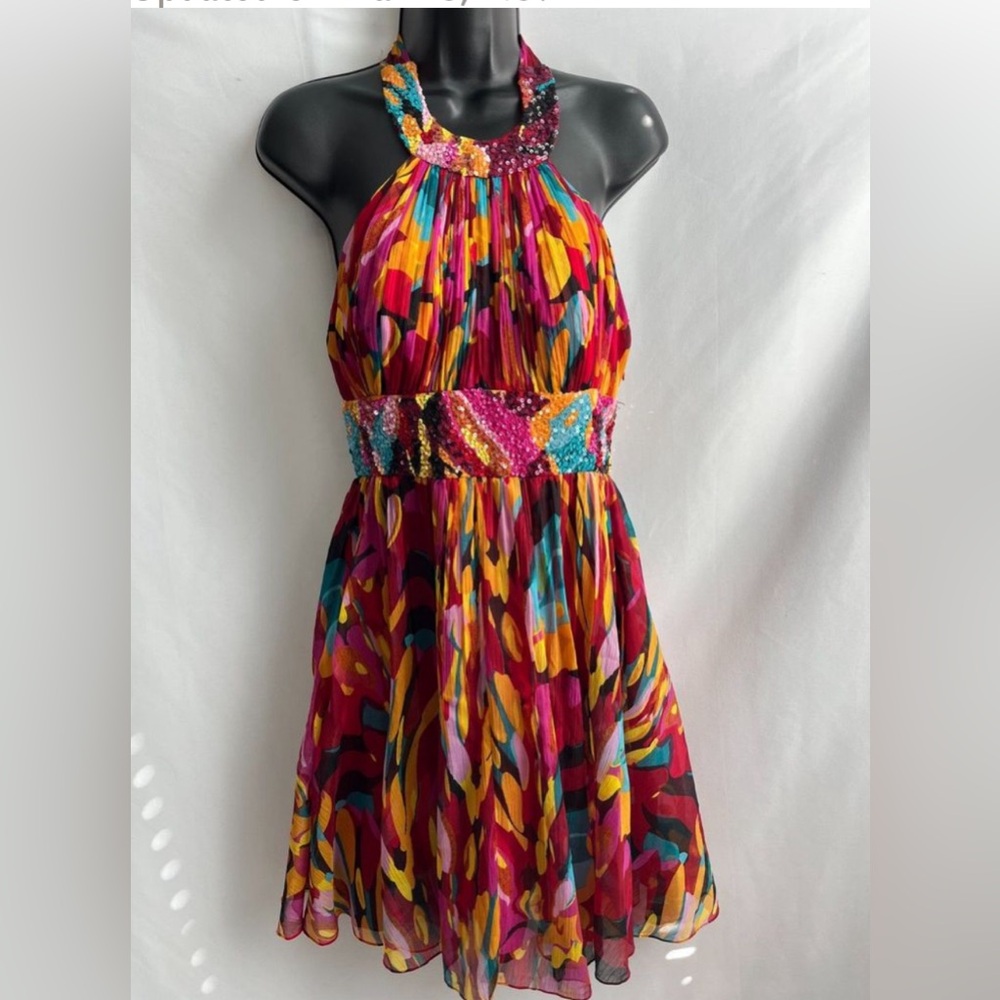 Adrianna Papell Evening Retro Multicolor Halter Cocktail Dress Chiffon 6 Sequins